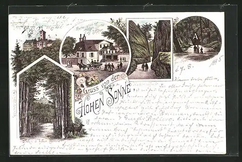 Vorläufer-Lithographie Eisenach, 1895, Restaurant zur Hohen Sonne, Wartburg von Osten