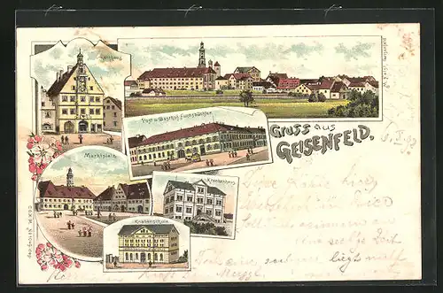 Lithographie Geisenfeld, Gasthof Fuchsbüchler und Post, Krankenhaus