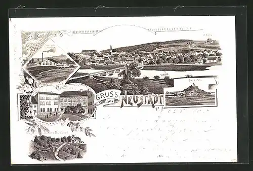 Lithographie Neustadt /W. N., Glashütte, Schloss, St.-Anna-Mühlberg