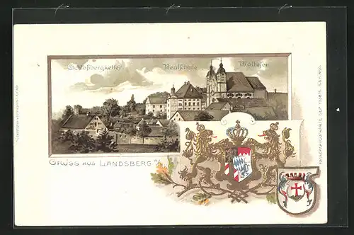 Passepartout-Lithographie Landsberg a. L., Ansicht mit Schlossbergkeller, Realschule und Malteser, Wappen