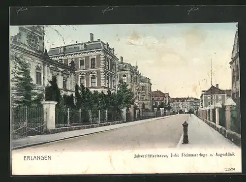 AK Erlangen, Universitätsstrasse links Freimaurerloge und Augenklinik