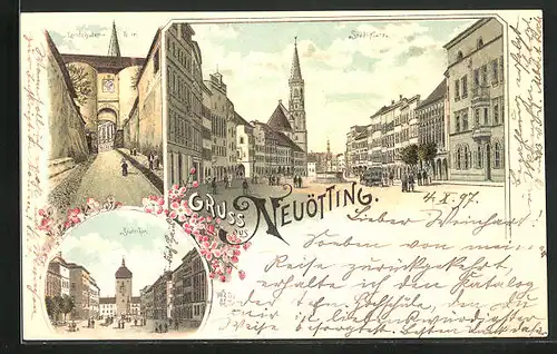 Lithographie Neuötting, Stadtplatz, Landshuter Tor, Stadttor