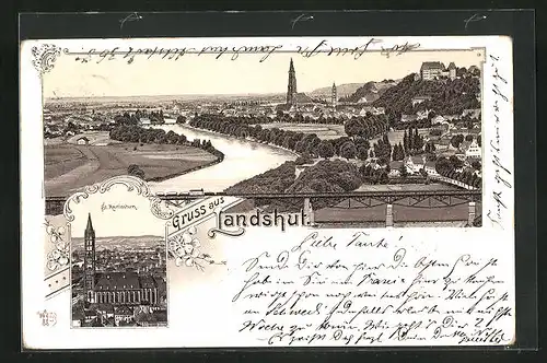 Lithographie Landshut, Teilansicht, St. Martinsturm