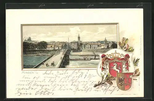 Passepartout-Lithographie Minden i. W., Teilansicht mit Brücke und Wappen