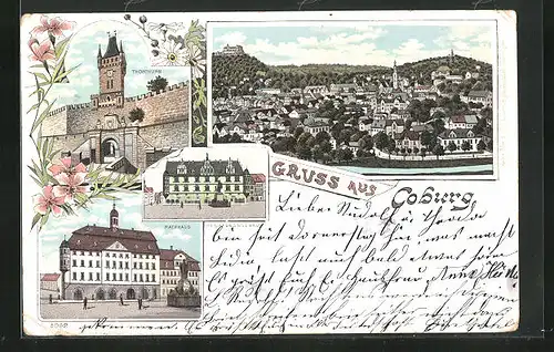 Lithographie Coburg, Torturm, Rathaus, Regierungsgebäude