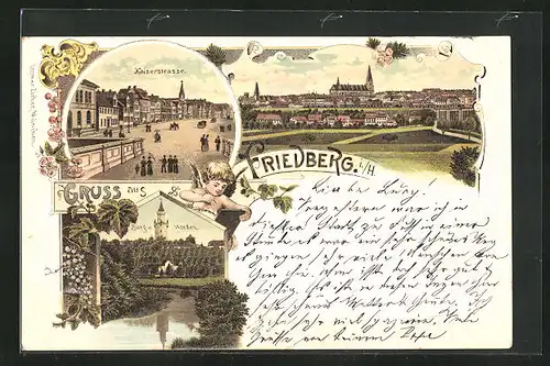 Lithographie Friedberg i. H., Teilansicht, Kaiserstrasse, Burg v. Norden