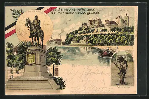 Lithographie Bernburg, Teilansicht und Boot, Kaiser Wilhelm-Denkmal, Bärenzwinger
