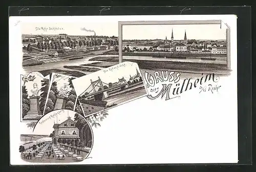 Lithographie Mülheim a. d. Ruhr, Restaurant Kahlenberg, Kettenbrücke, Königin Luise Denkmal