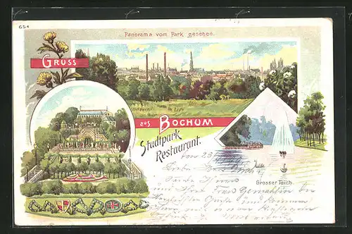 Lithographie Bochum, Stadtpark Restaurant, Grosser Teich, Panorama vom Park gesehen