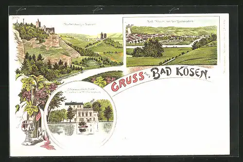 Lithographie Bad Kösen, Schwanenteich Hotel Kurzhals und Wilhelmsburg, Rudelsburg und Saaleck, Teilansicht