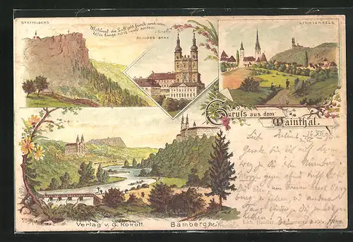 Lithographie Bamberg, Schloss Banz, Staffelberg, Lichtenfels im Maintal