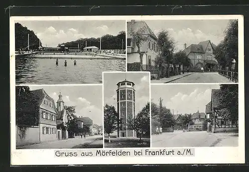 AK Mörfelden bei Frankfurt a. M., Schwimmbad mit Besuchern, Turm, Ortspartie