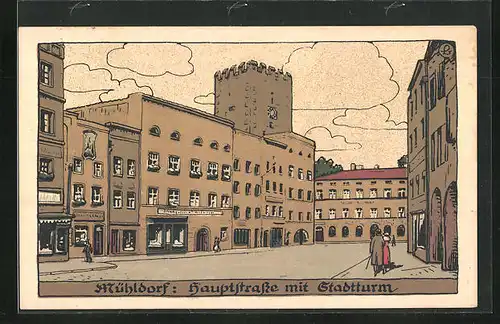 Steindruck-AK Mühldorf, Hauptstrasse mit Apotheke und Stadtturm