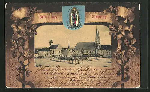 AK Altötting, Ortspartie im Passepartoutrahmen mit Wappen