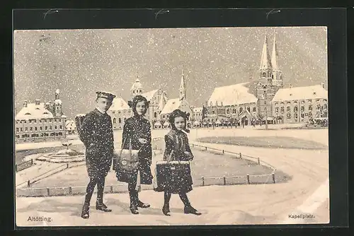 AK Altötting, Kapellplatz mit Kindern im Schnee
