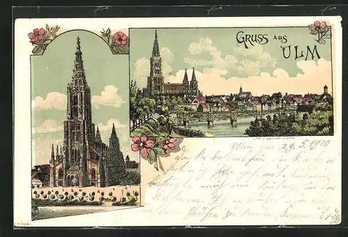 Lithographie Ulm, Teilansicht mit Brücke, Kirche