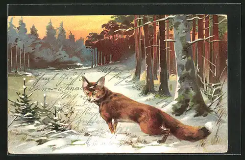 Präge-AK Fuchs am winterlichen Waldesrand