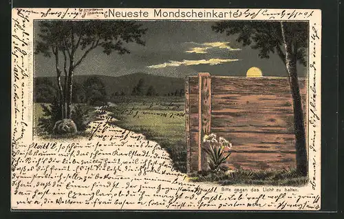 Lithographie Neueste Mondscheinkarte, Bretterwand im Nirgendwo, Halt gegen das Licht