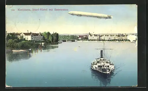 AK Konstanz, Zeppelin über Insel-Hotel u. Seestrasse