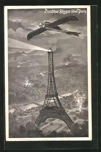 Künstler-AK Paris, Deutsches Flugzeug über Eiffelturm