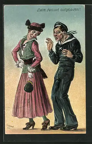 Künstler-AK sign. Bernhard: Beim Anlauf aufgelaufen, Matrose