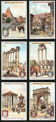 6 Sammelbilder Liebig, Serie Nr. 564: Baudenkmäler des alten Roms, Triumphbogen des Titus, Vesta-Tempel, Saturn
