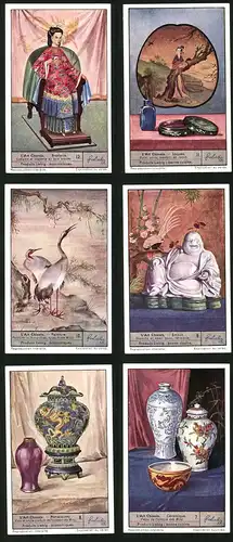 6 Sammelbilder Liebig, Serie Nr. 1350: L`Art Chinois, Emaux, Porcelaines, Peinture, Laques, Broderie