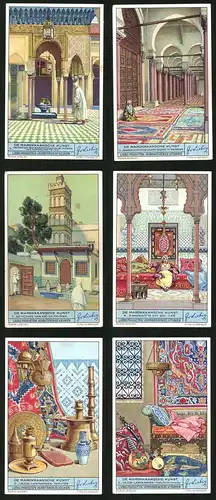 6 Sammelbilder Liebig, Serie Nr. 1351: De Marokkaansche Kunst, Vazen, Lantaarnen, Tapijten, Teppiche