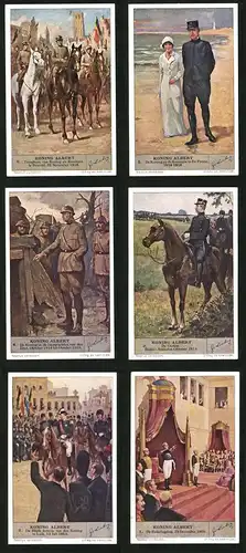 6 Sammelbilder Liebig, Serie Nr. 1342: Koning Albert, De Eedaflegging, De Oorlog, Soldaten in Uniform, Königin