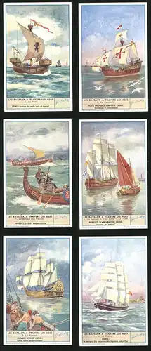 6 Sammelbilder Liebig, Serie Nr. 1582: Les Bateaux a Travers les ages, Le Clipper, La Pinasse, Le Tjalk, Vikings