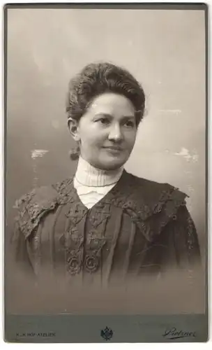 Fotografie C. Pietzner, Mähr. Ostrau, Brückengasse 21, Portrait Frau im bestickten Kleid mit zurückgekämmten Haaren