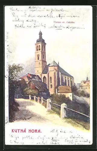 Künstler-AK Kuttenberg / Kutna Hora, Kirche im Ortsbild