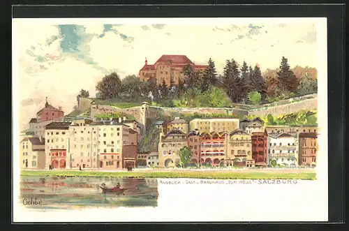 Lithographie Salzburg, Ausblick auf die Stadt v. Gast- und Brauhaus Zur Hölle