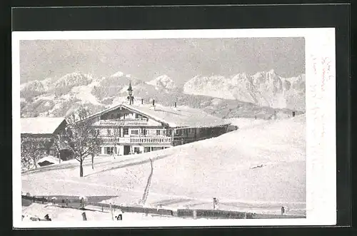 AK Kitzbühel, Alpengasthof Schroll auf der Abfahrt vom Pengelstein im Winter