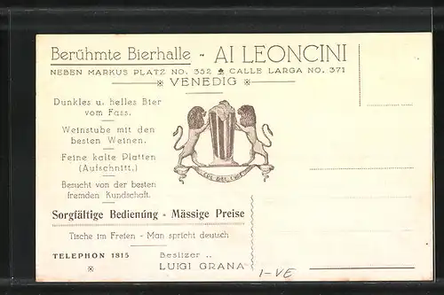 AK Venedig, Berühmte Bierhalle Ai Leoncini, Calle Larga 371, Warme Wiener Würstel mit Kren