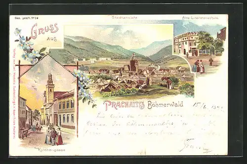 Lithographie Prachatitz, Kirchengasse, Alte Literatenschule, Panorama