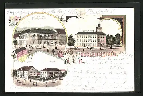 AK Theresienstadt / Terezin, Restaurant Deutsches Haus, Zalozna, Rathaus, Schule