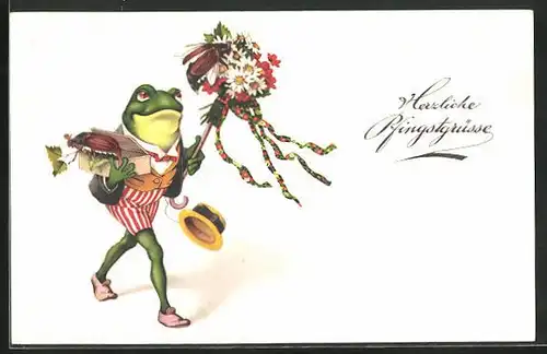 AK Frosch mit Blumenstrauss und Maikäfer, Pfingsgruss, vermenschlichte Tiere