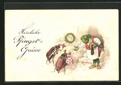 AK Frosch und Maikäfer mit Blumenstrauss, Pfingsgruss, vermenschlichte Tiere