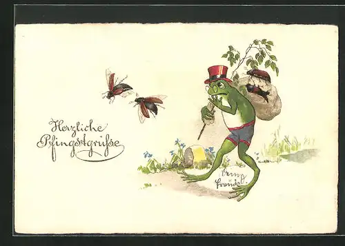 AK Frosch mit Sackerl und Maikäfern, Pfingstgruss, vermenschlichte Tiere