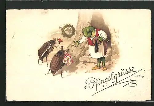 AK Frosch und Maikäferpaar mit Blumenstrauss, Pfingstgruss, vermenschlichte Tiere