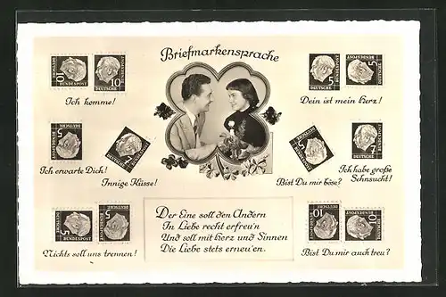 AK Erklärung der Briefmarkensprache, Paar schaut sich verliebt in die Augen