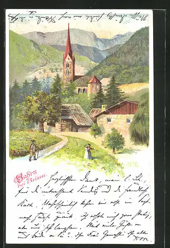 Lithographie Vahrn bei Brixen, Ortspartie mit Kirche