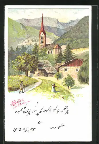 Lithographie Vahrn bei Brixen, Ortspartie mit Kirche
