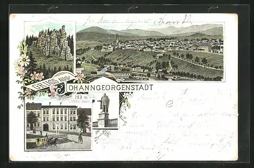 Lithographie Johanngeorgenstadt, Hôtel Saxe, Johann Georg-Denkmal, Teilansicht