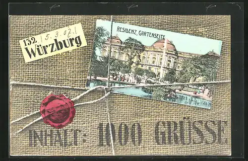 AK Würzburg, Residenz, Gartenseite auf einem Paket