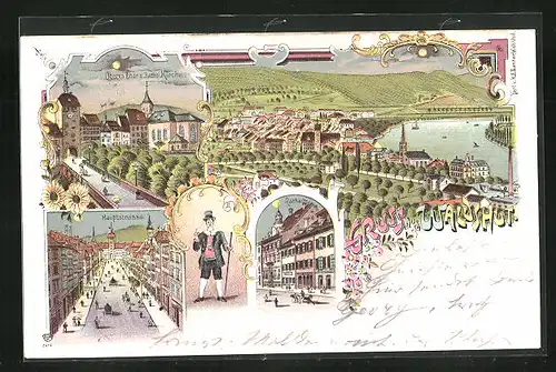 Lithographie Waldshut, Hauptstrasse, Rathaus, Totalansicht