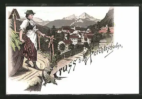 Lithographie Berchtesgaden, Frau in Tracht gegen Ort