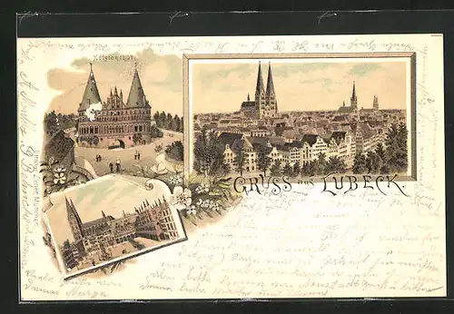 Lithographie Lübeck, Holstenthor, Panoramablick auf die Stadt