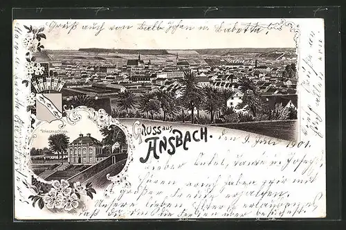 Lithographie Ansbach, Prinzenschloss, Stadtpanorama